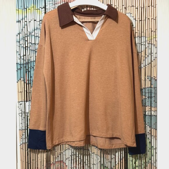 CUDDL DUDS Comfortwear V-Neck Long Sleeve Polo Top, Brown Sugar Heather, XL - Picture 1 of 16